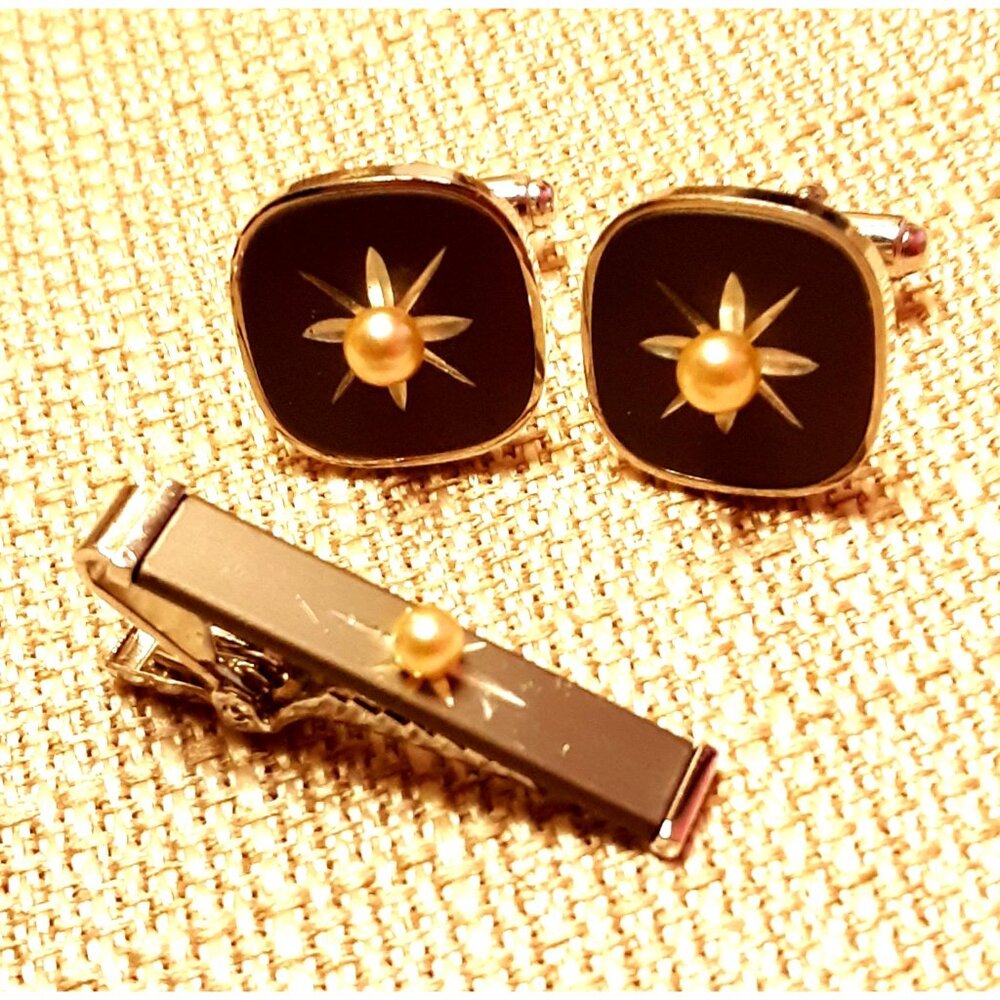 Vintage Anson Cufflinks & Tie Clip Set with Starburst Design & Faux Pearl Accent